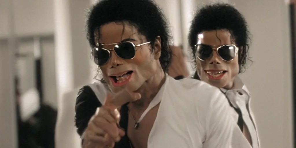 Image similar to michael jackson by himself 2 0 0 9 style wearing shades, studio dancing solo, this is it style, photo real, pores, motion blur, solo, by himself, heroic pose, real life, spotted, ultra realistic face, accurate, 4 k, movie still, uhd, sharp, detailed, cinematic, render, modern