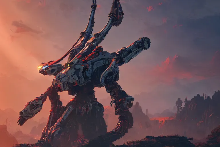 Image similar to ravager machine mecanical creature robot of horizon forbidden west horizon zero dawn radiating a glowing aura global illumination ray tracing hdr fanart arstation by ian pesty and alena aenami artworks in 4 k