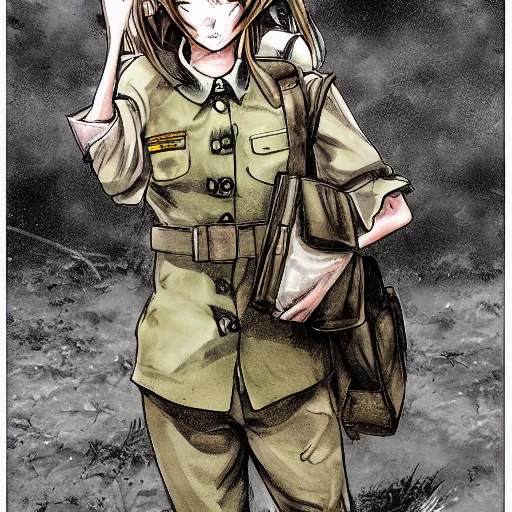 Prompt: manga style, smooth coloring, side portrait of a girl, trench and sandbags in background, realistic soldier clothing, realistic anatomy, miura kentaro