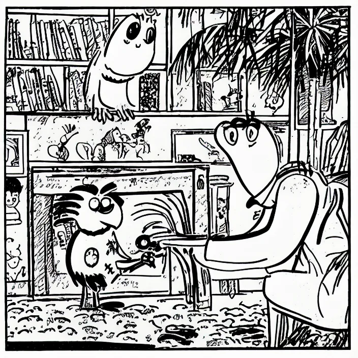 Image similar to a still frame from comic strip about the parrot having fun 1 9 9 0, new yorker illustration, monochrome contrast bw, lineart, manga, simplified