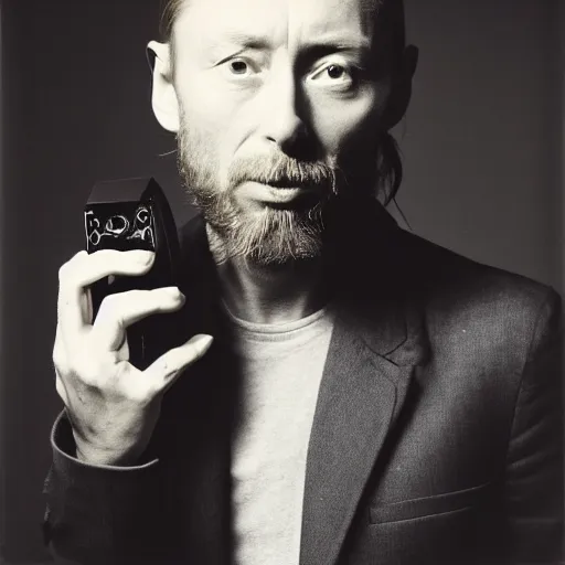 Prompt: Thom Yorke eating a radio, a man with a beard and a black jacket, a portrait by John E. Berninger, dribble, neo-expressionism, uhd image, studio portrait, 1990s