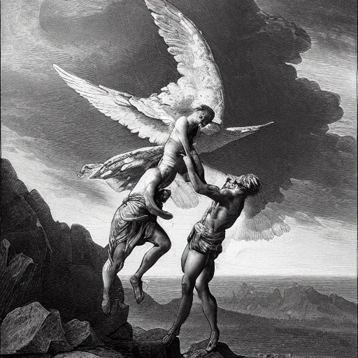 Prompt: A biblical painting of Jacob suplexing an angel at the top of a mountain by Gustave Doré, black and white palette, Scenic, Dramatic, beautiful shore in background, detailed