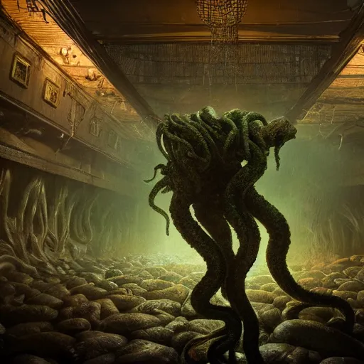 Prompt: full body pose, hyperrealistic photograph of the horror of cthulhu, dim volumetric lighting, 8 k, octane beautifully detailed render, extremely hyper detailed, intricate, epic composition, cinematic lighting, masterpiece, trending on artstation, very very detailed, stunning, hdr, smooth, sharp focus, high resolution, award, winning photo, dslr, 5 0 mm