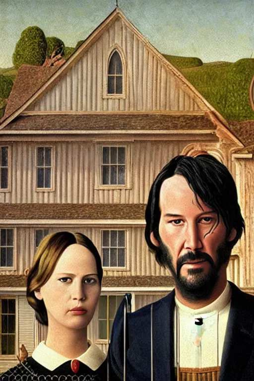 Image similar to painting of Keanu Reeves and Jennifer Lawrence as the couple in American Gothic in the style of Grant Wood