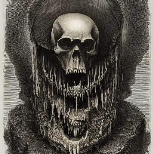 Prompt: a skull with incredibly long sharp teeth, detailed, cgi, dark atmosphere, horror, by gustave dore, by emil melmoth, trippy, epic, symmetrical - h 8 3 3