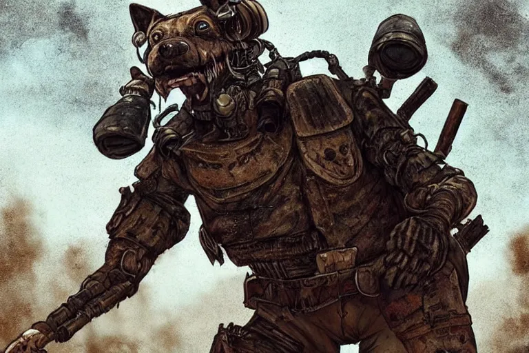 Image similar to a good ol'hound dog fursona ( from the furry fandom ), heavily armed and armored facing down armageddon in a dark and gritty version from the makers of mad max : fury road. witness me.