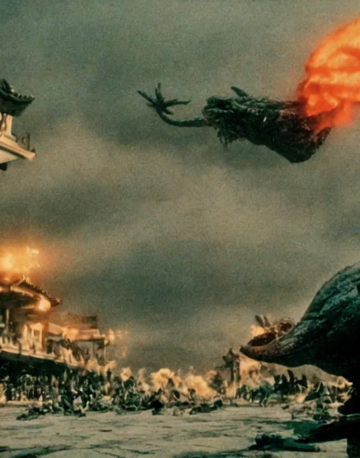 Image similar to a filmstill of a north korean monster movie, kaiju - eiga monster starfish - like trampling a traditional korean palace, foggy, film noir, epic battle, etheral, explosions, communist propaganda, communist epic thriller, by akira kurosawa and wes anderson video compression