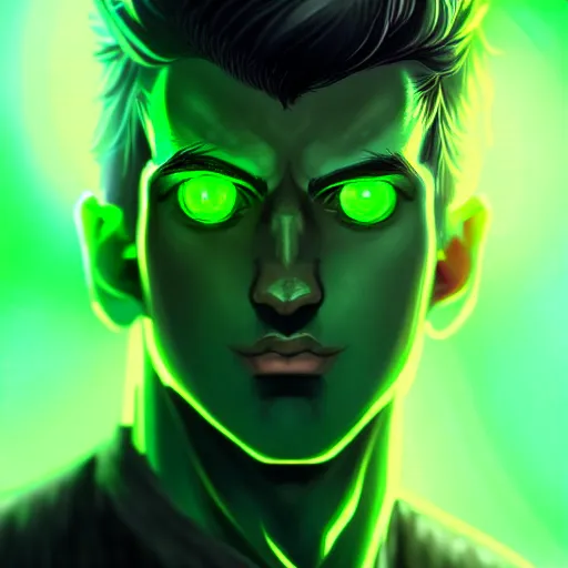 Prompt: a highly detailed portrait of a man with dark green hair and green glowing eyes, high detail clothing, concept art, anime, artstation, professional