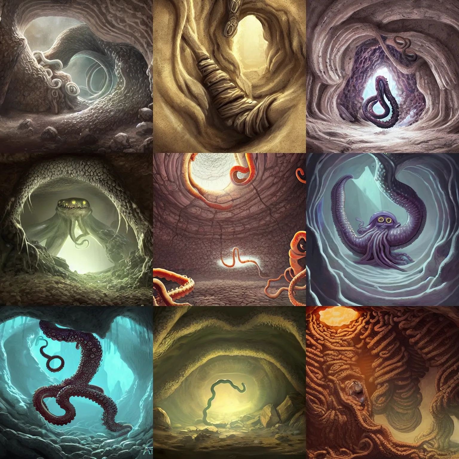Prompt: a tentacle monster inside a stone cave, cavern, digital art, trending on artstation