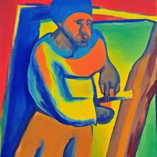 Image similar to a fauvist painting of a man deep in a hole with a shovel, after sunset,