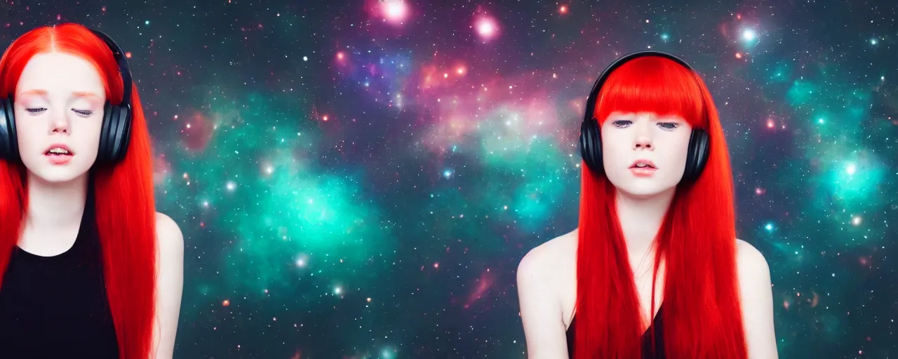 Prompt: Girl with red hair and red eyes wearing headphones, galaxy background