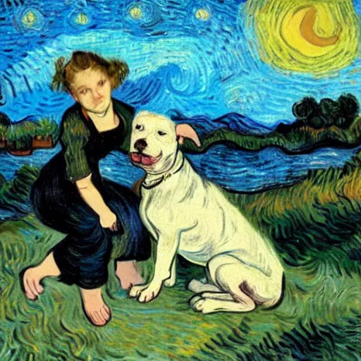 Image similar to girl with curly blonde hair sits next to her white pitbull, sitting on a riverbank watching the sunset, painting by van gogh