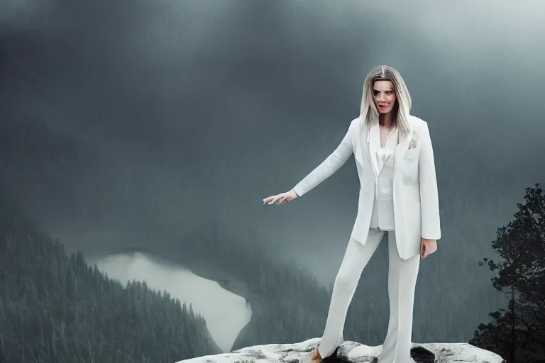 Prompt: a cinematic portrait of a beautiful middle aged woman wearing futuristic white suit on the top of a mountain, overlooking a vast serene forest, large diffused light, neon light, 4 k, ultra realistic, dramatic lighting, rain, clouds, fog, vogue, fashion, glamour, magazine spread, by marco mazzoni and jessica rossier