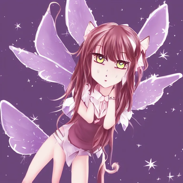 Image similar to cute, full body, female, anime style, a cat girl with fairy wings, large eyes, beautiful lighting, sharp focus, simple background, creative, heart effects, filters applied, symmetrical body, neck cuffs