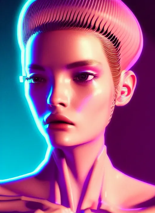 Prompt: photorealistic portrait of female humanoid, cyber neon lights, highly detailed, retro 6 0 s haute couture fashion, elegant, crispy quality, trending in artstation, trending in pinterest, glamor pose, no signature, no watermark, cinematic, art by pascal blanche