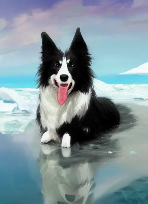 Prompt: beautiful portrait of a cute male anthropomorphic border collie fursona wearing a swimsuit in antarctica. character design by charlie bowater, henry asencio, and ross tran. scenic background, detailed, glamor pose, aesthetic, trending on artstation, top rated on furaffinity and deviantart