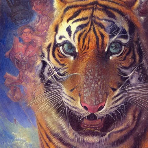 Prompt: highly detailed portrait of a tiger shaped mecha, painting by gaston bussiere, craig mullins, j. c. leyendecker, lights, art by ernst haeckel, john william godward, hammershøi, alex grey, psychedelic, dmt