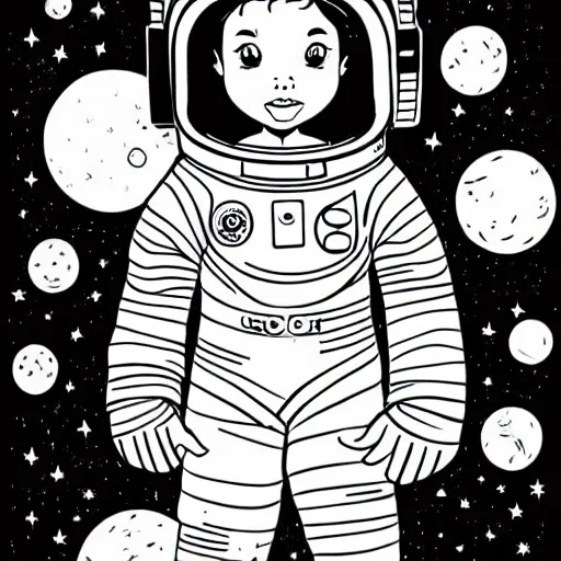 Image similar to clean simple line art of a little girl with wavy curly hair floating in space. she is an astronaut, wearing a space suit. white background. well composed, clean black and white line drawing, beautiful detailed face. illustration by josan gonzalez and steve ditko and greg rutkowski