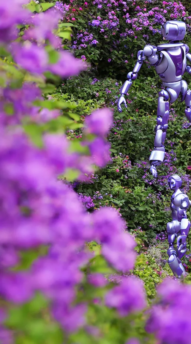 Prompt: single toy humanoid robot in a garden looking around, hyper detailed, sharp focus, bokeh, unreal engine, ray tracing, cute, fantasy, sci fi, purple flowers, blue flowers, violet flowers, glowing flowers, tiny, small, hyper realistic, sky