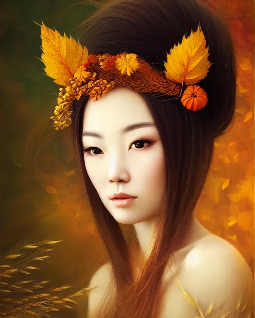 Image similar to goddess of autumn, with wheat ears on her head, chinese beauty, half - length head portrait, dreamy, beautiful, by wlop