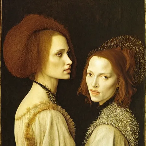 Image similar to portrait of natalie portman and scarlet johansson, by albrecht durer, jean delville, jan van eyck, da vinci