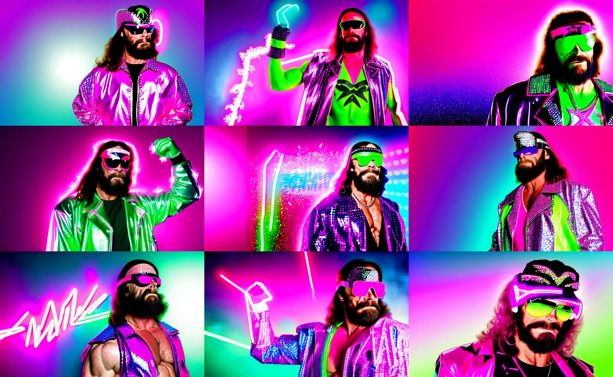 Prompt: side profile of synthwave comic macho man randy savage wearing pink and green glowing mesh sunglasses, a sparkling diamond encrusted jacket, neon lights in the background with fog and synthwave high res lens flare neon pink and blue background fireworks pyro