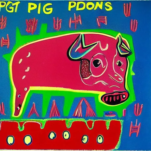 Prompt: “diamonds, pigs, pig, strawberries, blueberries, raspberries, diamonds, bovine, pathology, syringe, lightning symbol, pigs, transgender, pork, giant pig grass, crystals, neo-expressionist style, by Jean-Michel Basquiat”