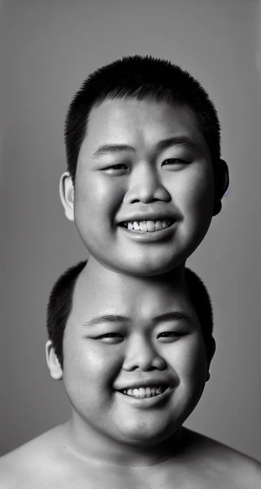 Image similar to photograph of one fat filipino teenage boy smiling with crooked teeth, with a curly perm, and with small studded earings, 4 k, photorealistic, high detail by richard avedon