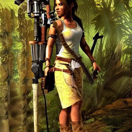 Image similar to hey ai use your best to give me beautiful lara croft wearing batik!