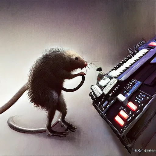 Image similar to a rat cyborg playing with a tb-303 synthesizer, by ruan jia