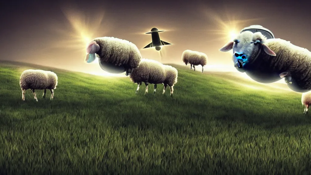 Prompt: sheep in a field being abducted by a ufo!, hyper energy, punk aesthetic, concept art, sharp focus, illustration,