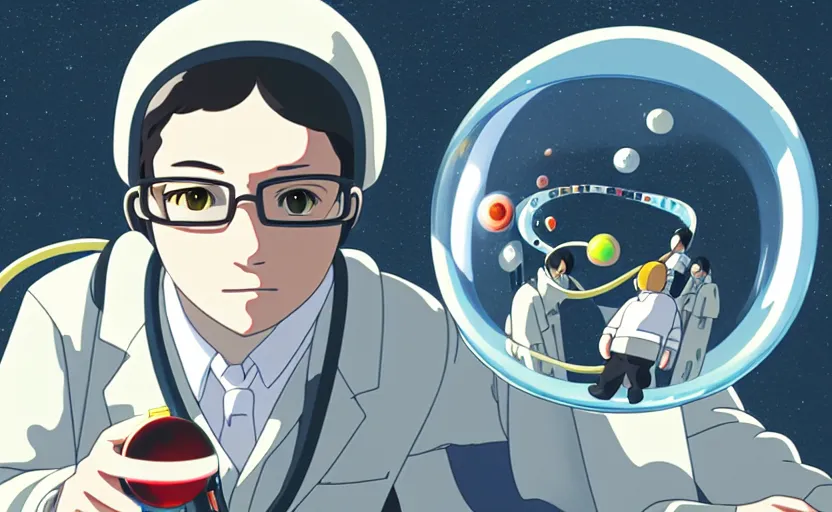 Prompt: a film still portrait of a nerdy scientist rocketing in a hallway cubic snake bubble, finely detailed features, closeup at the faces, perfect art, grimdark, trending on pixiv fanbox, painted by studio ghibli