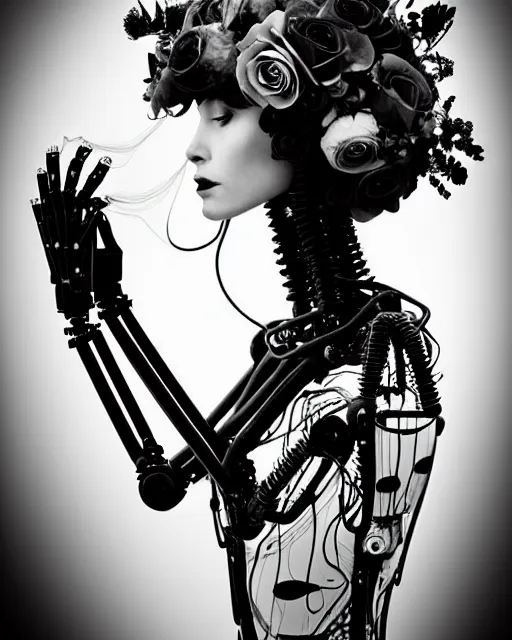 Image similar to dreamy surreal poetic black and white photo of a beautiful young bio-mechanical-female-jellyfish-cyborg-plastic-robot with a very long neck and a super big gothic lace collar and a very high big floral crown with many black dry roses by Vivienne Westwood:: smoke, high fashion, haute couture, rococo, avant-garde, elegant, dreamy, hyper realistic, 150 mm lens, soft rim light, octane render, unreal engine, picture was taken in 1910 by Dora Maar, volumetric lighting, dramatic light,8k,