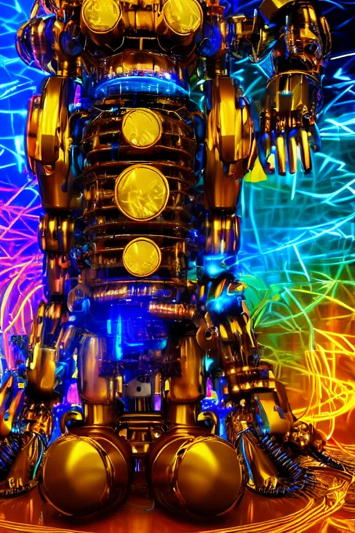 Image similar to portrait photo of a giant huge golden and blue metal futuristic steampunk robot covered with multicolored big gears and tubes, eyes are glowing red lightbulbs, robot plays on a huge electric steampunk guitar, shiny crisp finish, 3 d render, 8 k, insaneley detailed, fluorescent colors, background is multicolored lasershow