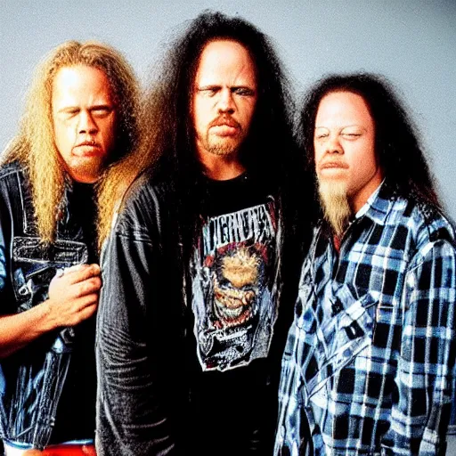 Image similar to Metallica reimagined as a grunge band, grunge-tallica, 1993, flannel shirts, Metallica