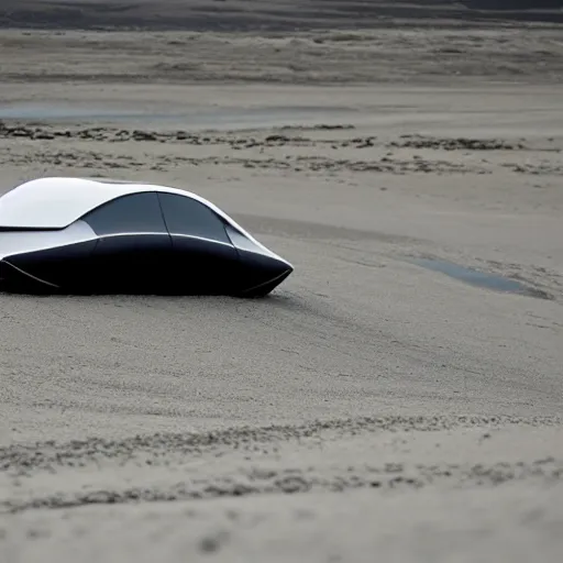 Prompt: a concept car cruising on the black sand beach of iceland