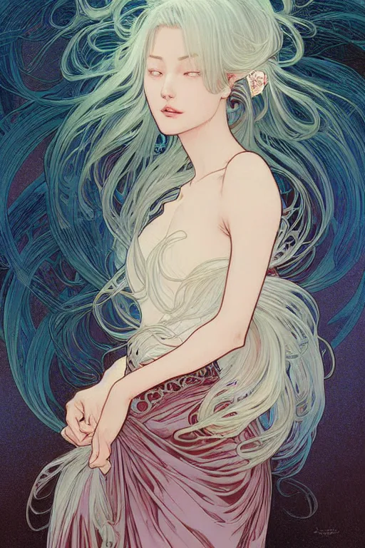 Image similar to beautiful portrait digital painting female holding white hair glowing, blush, pleated skirt, flowing hair, slim face, elegant, alphonse mucha, by yoichi hatakenaka, masamune shirow, josan gonzales and dan mumford, ayami kojima, takato yamamoto, barclay shaw, karol bak, yukito kishiro