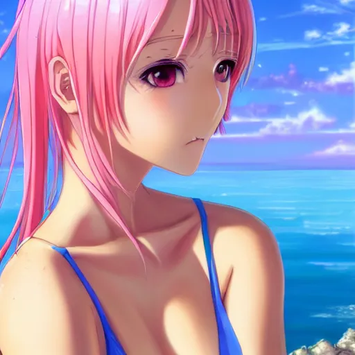 Prompt: anime portrait of a girl, bikini, short pink hair, azure blue eyes, full body, cute, detailed lake in background, full body, panties, by Stanley Artgerm Lau, WLOP, Rossdraws, James Jean, Andrei Riabovitchev, Marc Simonetti, and Sakimichan, trending on artstation
