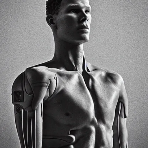 Image similar to “a realistic detailed photo of a guy who is an attractive humanoid who is half robot and half humanoid, who is a male android, basketball player Blake Griffin, shiny skin, posing like a statue, blank stare”