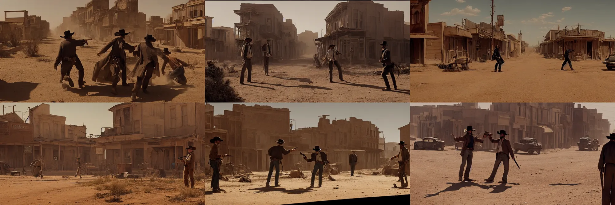Prompt: a detailed cinematic shot of an old west duel between two gunmen in the dusty street of an abandonned far - west town, high noon, tumbleweeds, 8 k, dramatic lighting, short focal, fish eye, cinemascope ratio, by craig wilson and raphael lacoste