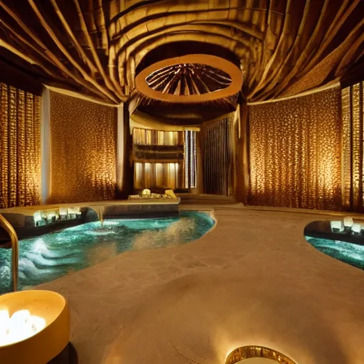 Image similar to interior of a 2 story spa with everything made of gold, candles, wellness pool, intricate detailed roof, contemporary design