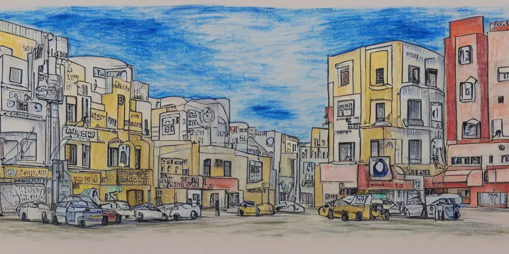 Prompt: drawing of rounded bauhaus buildings in a junction in tel aviv. highly detailed. pen drawing painted with watercolors. colorful