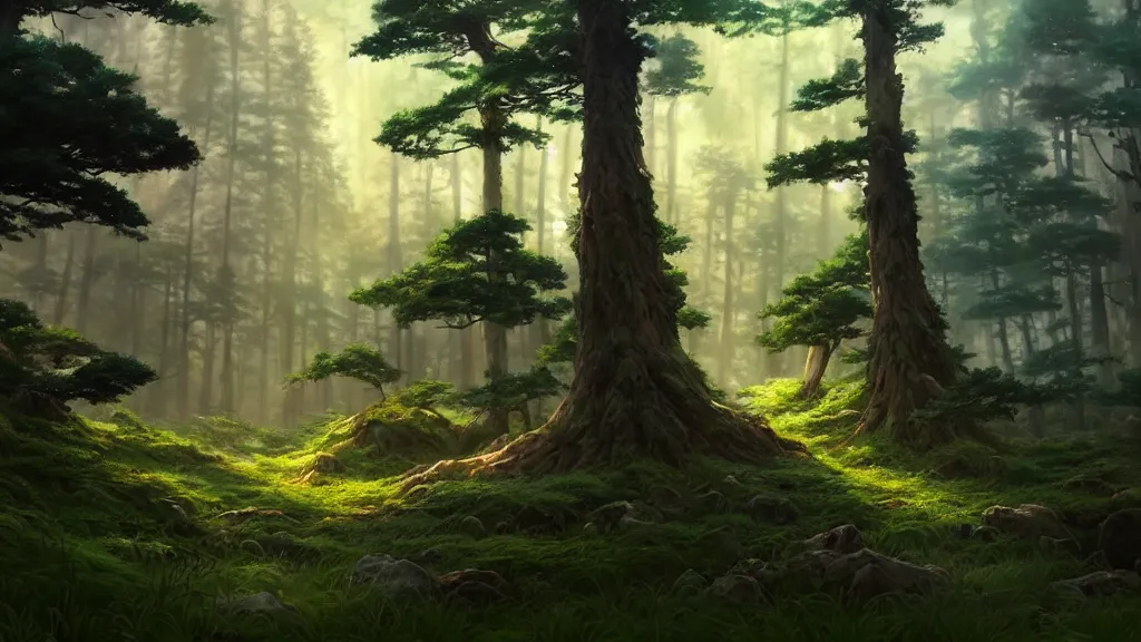 Image similar to forest clearing landscape, studio ghibli, pixar and disney animation, sharp, rendered in unreal engine 5, highly detailed, digital painting, artstation, concept art, smooth, sharp focus, illustration, wide angle, artbook, wallpaper, splash art, promo art, dramatic lighting, art by artgerm and greg rutkowski and bo chen and jin xiaodi