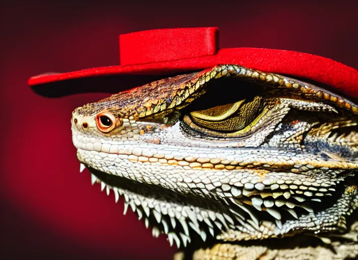 Image similar to dslr portrait still of a bearded dragon wearing a top hat and a red bowtie, 8 k 8 5 mm f 1. 4