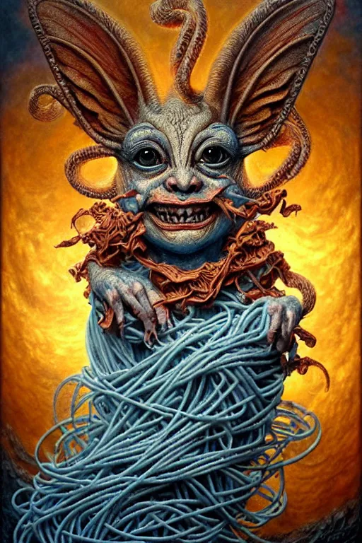 Prompt: A beautiful detailed grotesque creature made of pasta super cute tarot card, by tomasz alen kopera and Justin Gerard, symmetrical features, ominous, magical realism, texture, intricate, ornate, royally decorated, whirling smoke, embers, red adornements, blue torn fabric, radiant colors, fantasy, trending on artstation, volumetric lighting, micro details, 3d sculpture, ray tracing, 8k, anaglyph effect, digital art