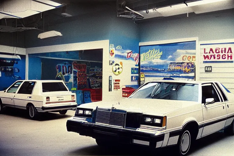 Prompt: 1985 Caprice inside of a car wash, ektachrome photograph, volumetric lighting, f8 aperture, cinematic Eastman 5384 film