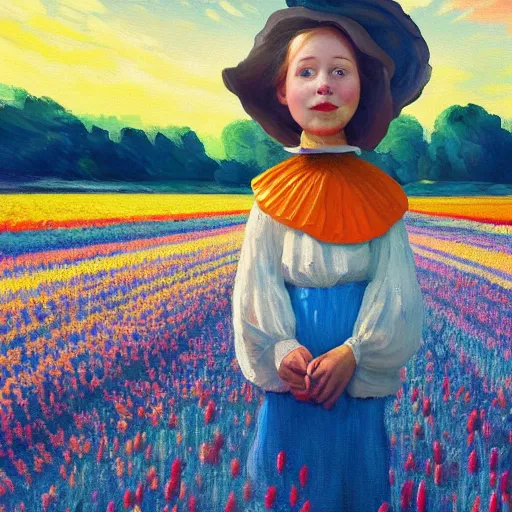 Image similar to dutch girl with singular giant tulip as a head, surreal photography, flower field, sunset dramatic light, impressionist painting, colorful clouds, blue sky, digital painting, artstation, simon stalenhag