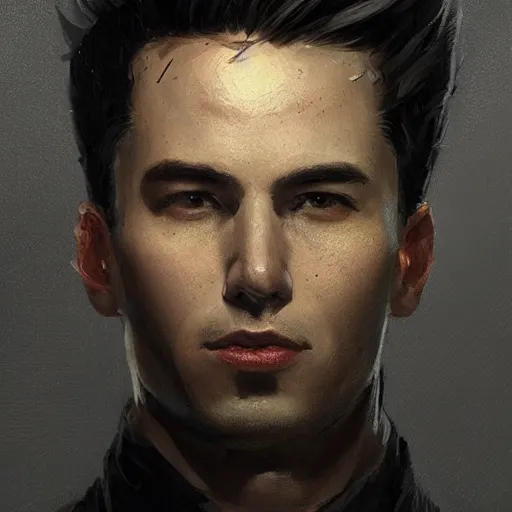 Prompt: Portrait of a man by Greg Rutkowski, he is about 30 years old, mixture between russian and japanese, short quiff black hair, attractive, strong, mangly, he is wearing a black flying jacket, highly detailed portrait, scifi, digital painting, artstation, concept art, smooth, sharp foccus ilustration, Artstation HQ