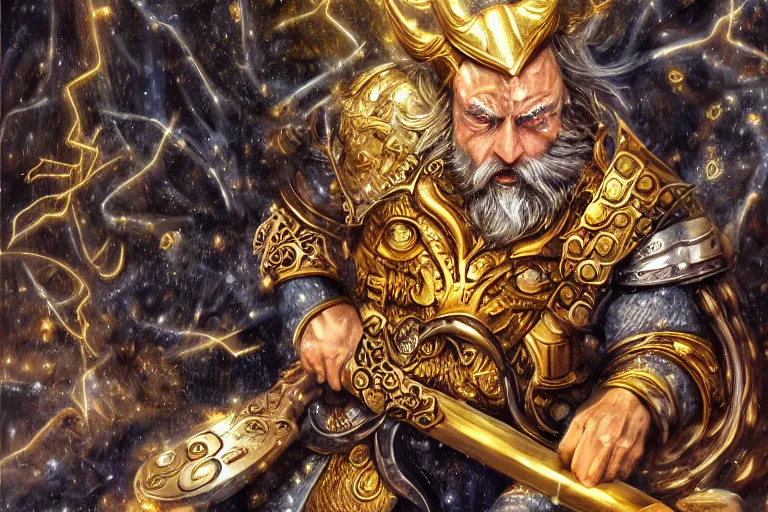 Prompt: mythological odin all father supreme God of thunder and smithing and artificial intelligence creating an artificial neural network with gold synapses on an anvil with his mighty hammer, high resolution, award winning art, trending on art station, sharp image, incredibly detailed, detailed character, realistic painting, hyperrealistic painting