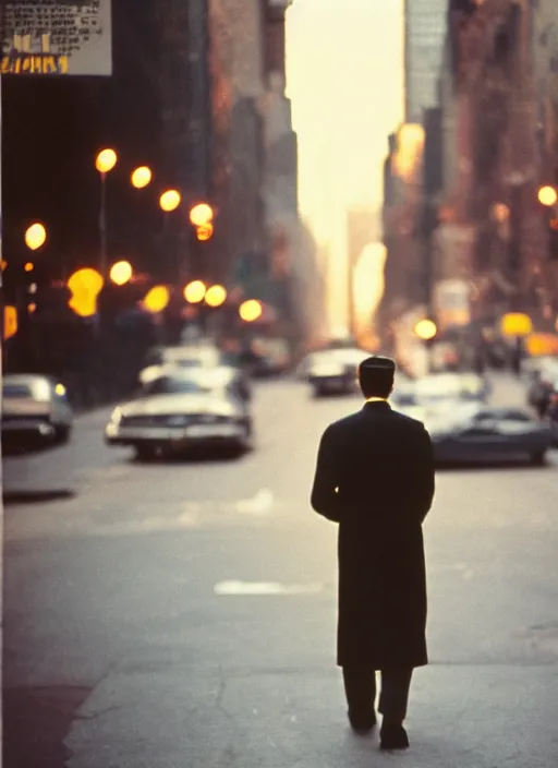 Prompt: a 35mm photograph of a man walking down the street in New York City in the 1960's, bokeh, Canon 50mm, cinematic lighting, photography, retro, film, Kodachrome